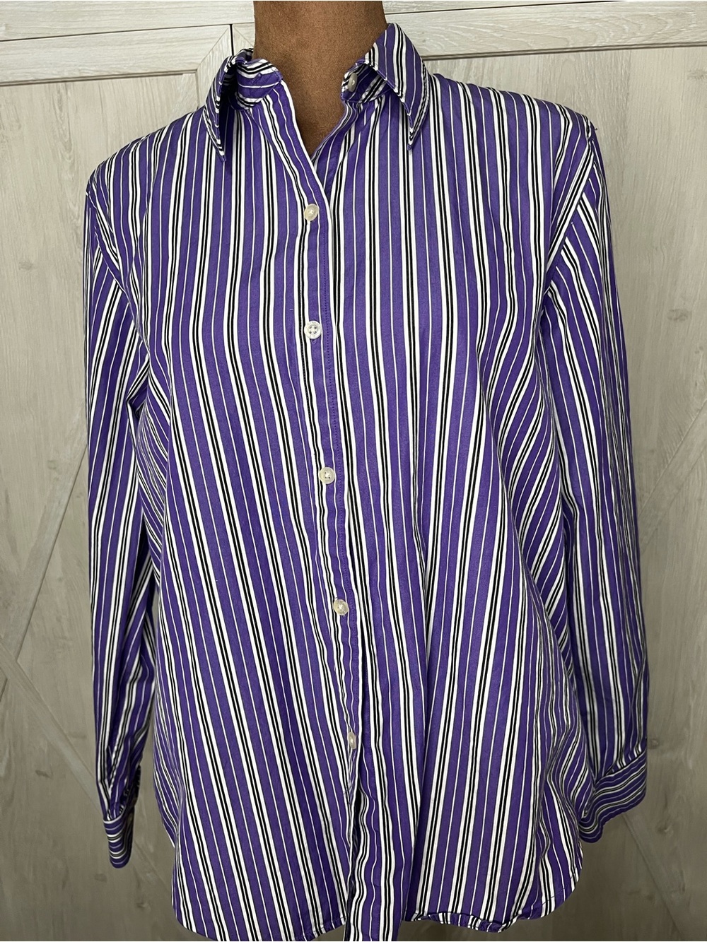 Lauren Ralph Lauren Purple Vertical Striped Button Down Shirt Large petite